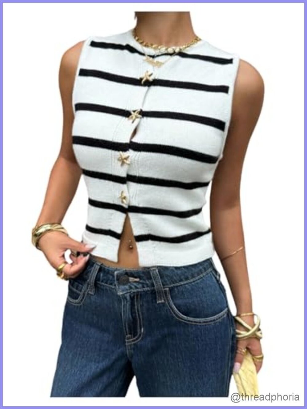 Striped Knit Tank Top Sleeveless Sweater Vest Button Front Y2K Lightweight